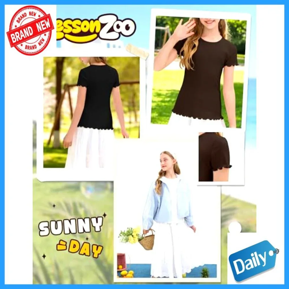 Girls' Ribbed Short Sleeve Tees 3-Pack Crew Neck Lettuce Trim Ages 5-14
